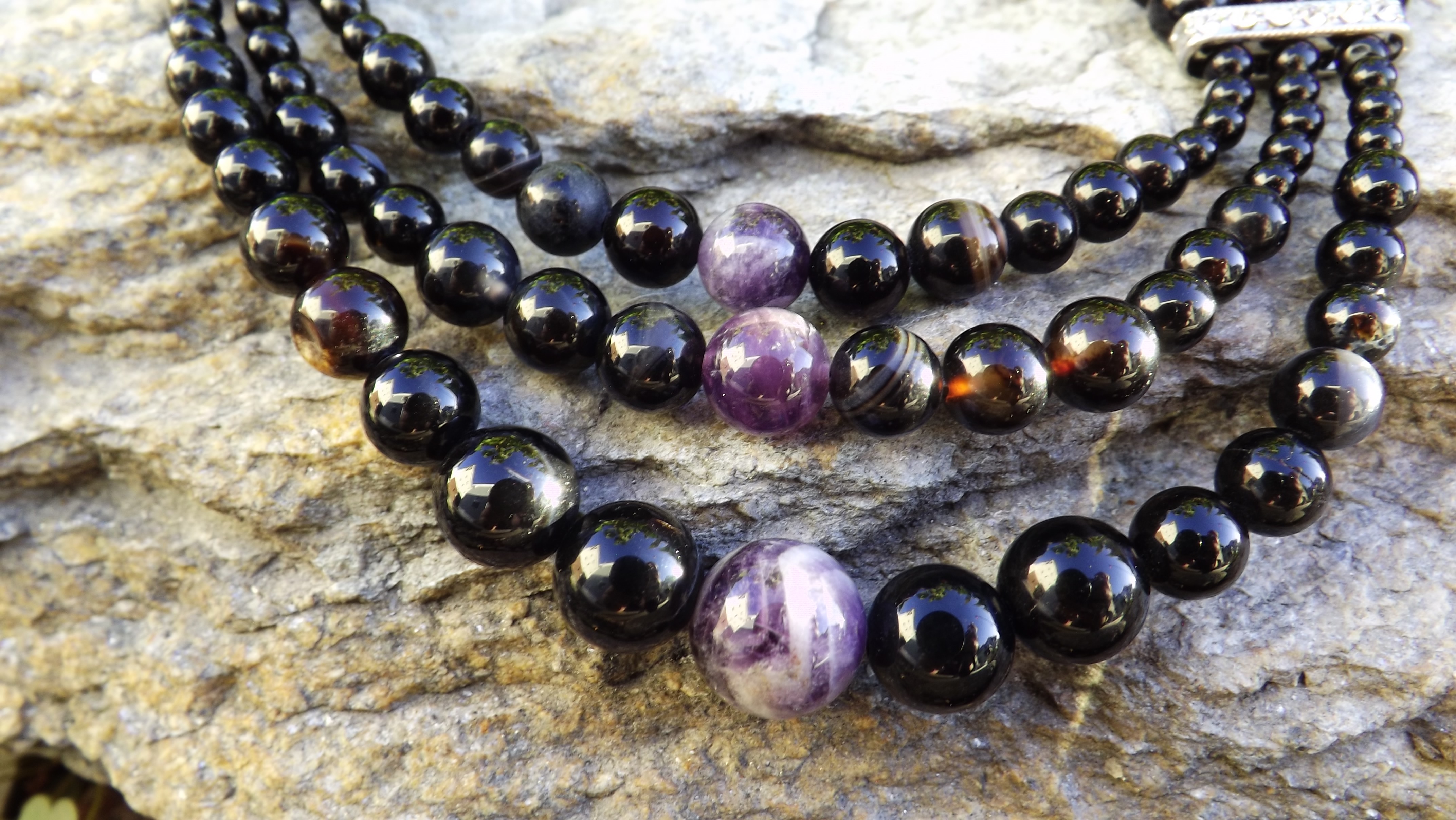 Graduated Agate & Amethyst 3 Strand Necklace